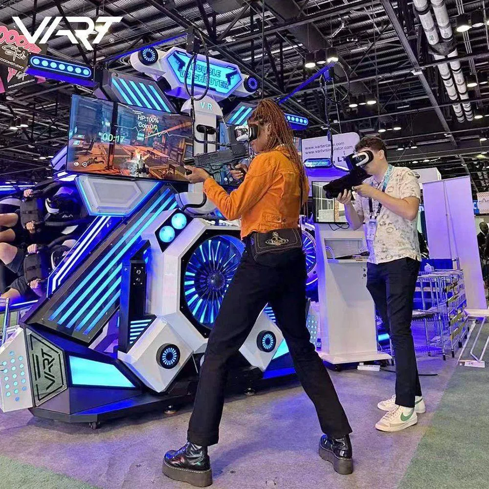 Two guests wearing VR headsets and holding controllers at a VR game station