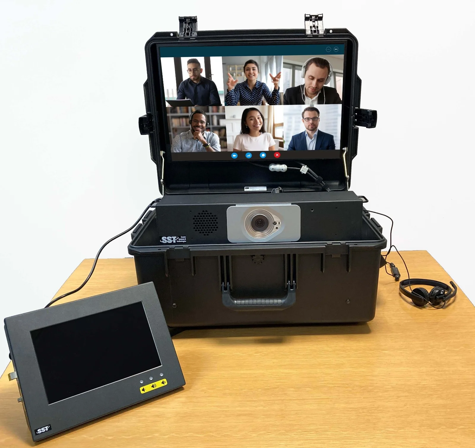 Portable case with a camera, screen, and headset showing a video call with six participants