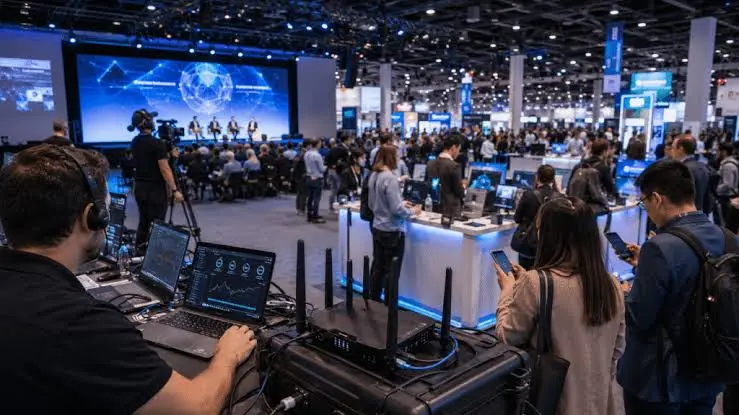 Technician at a laptop beside a portable router with antennas at a busy conference and exhibition floor