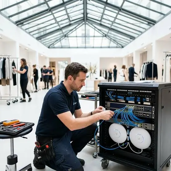 Installing WiFi in Dubai 32 Technician connecting network cables and access points in a cabinet inside a retail store in Dubai
