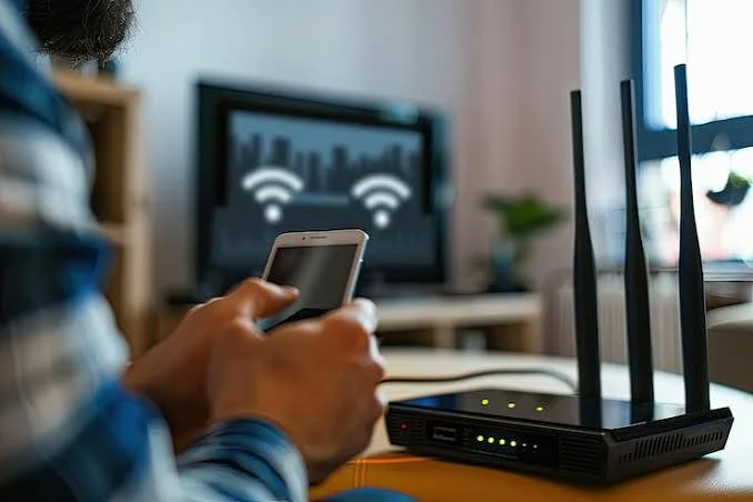 Installing WiFi in Dubai 27 User checking WiFi speed on a smartphone next to a high-speed router in Dubai