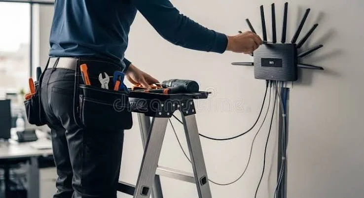 Installing WiFi in Dubai 24 WiFi engineer mounting a wireless router on a wall during a network installation in Dubai