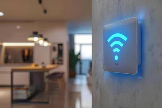 Installing WiFi in Dubai 39 Wall-mounted WiFi access point with glowing signal icon in a modern Dubai office
